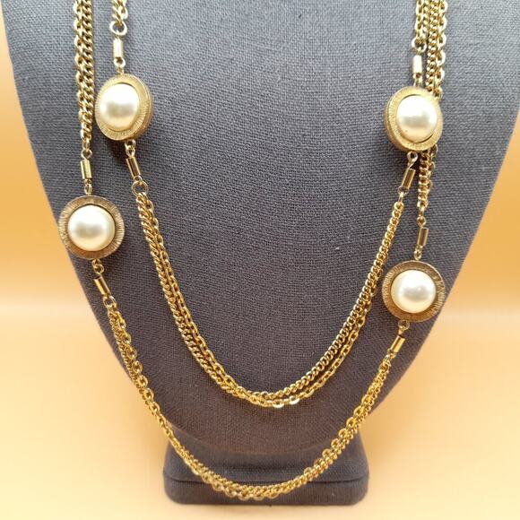 Vintage Long Two Strand Necklace, 6 Double Sided Faux Pearls, Gold Plated, 52 In - Picture 1 of 10